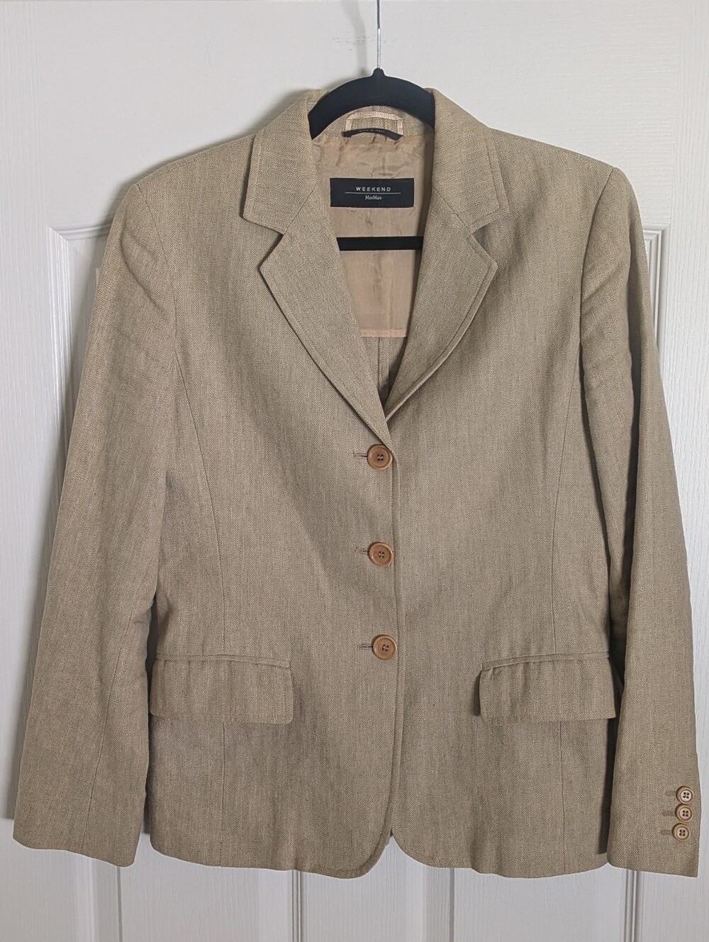 Weekend Max Mara Beige Herringbone 3-Button Blazer Jacket US 8 EUC